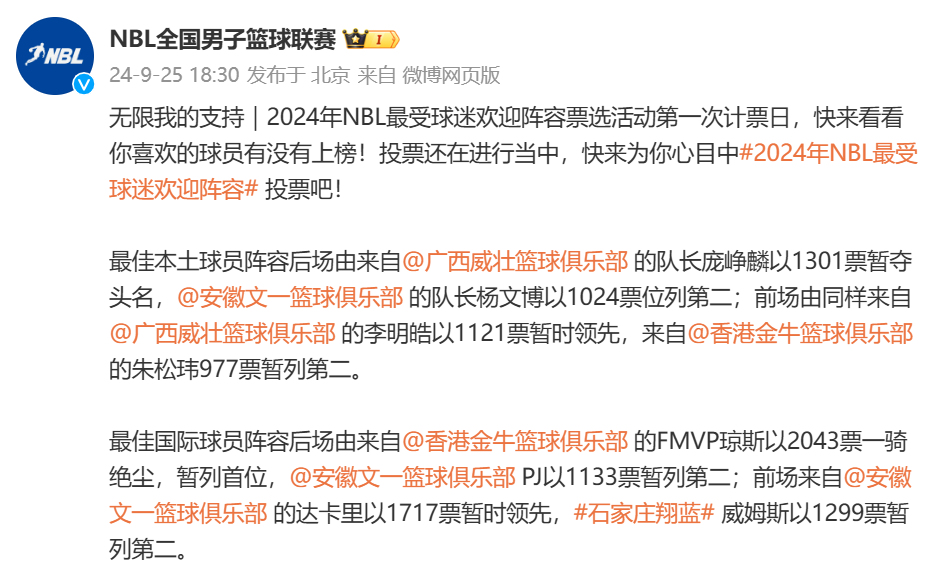 🌟NBL最受球迷欢迎阵容第一阶段投票：庞峥麟和琼斯领衔国内外阵容